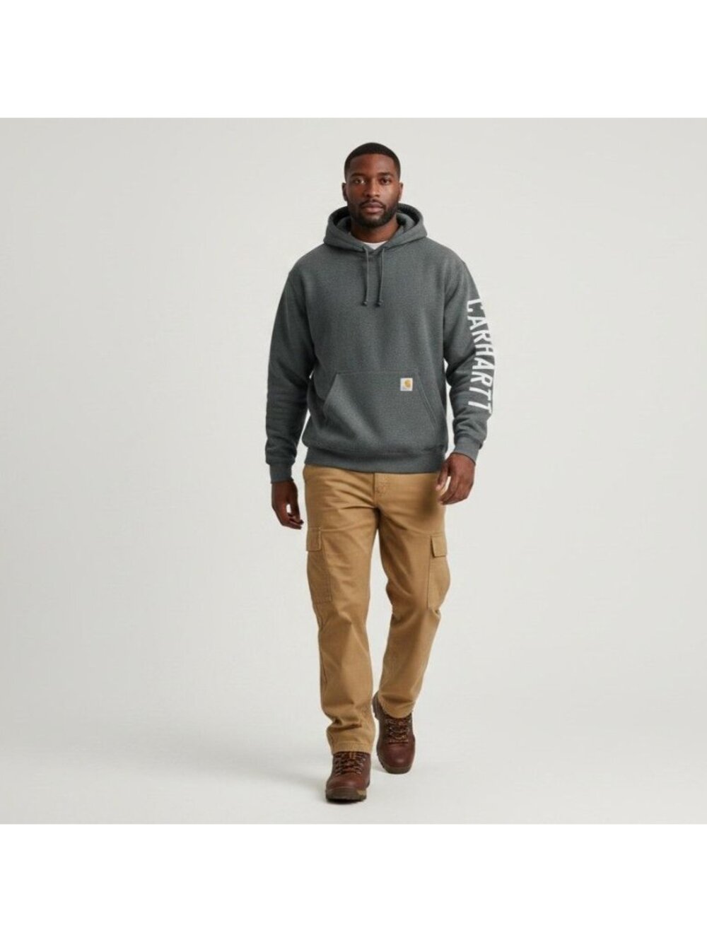 Carhartt Mens Heather Gray Loose Fit Logo Hoodie 2XL With Sleeve Spellout